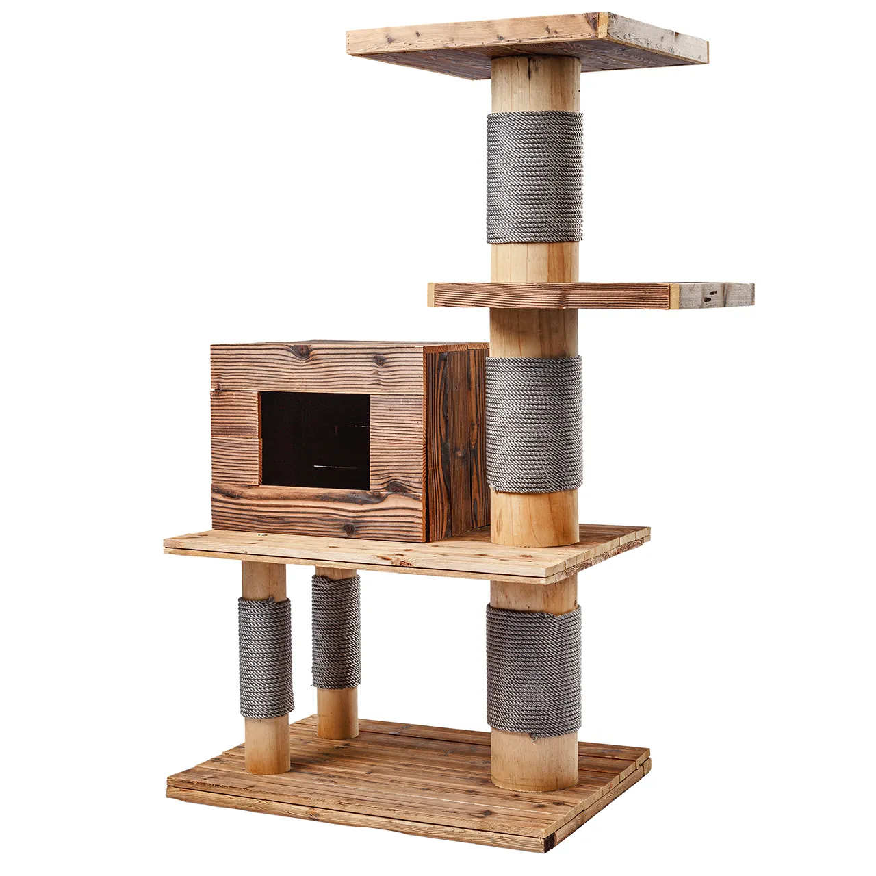 Mehrere Katzen genießen den geräumigen Outdoor Kratzbaum Woody