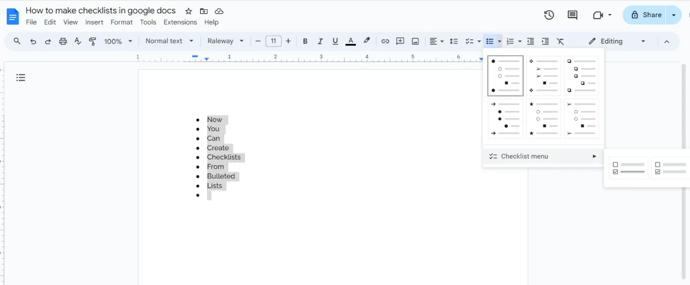 Menü für Aufzählungen und Checklisten in Google Docs