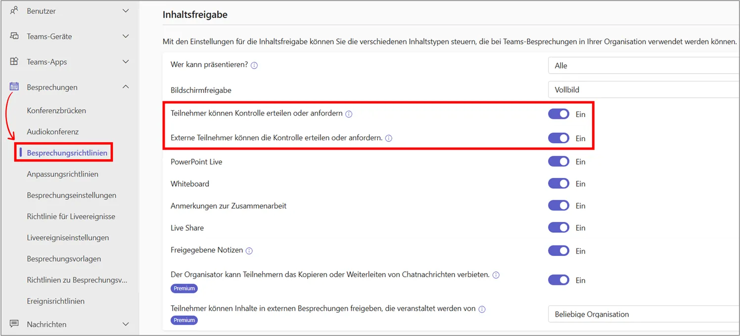 Microsoft Teams Admin Center: Funktion zur Steuerung anfordern/übergeben aktivieren