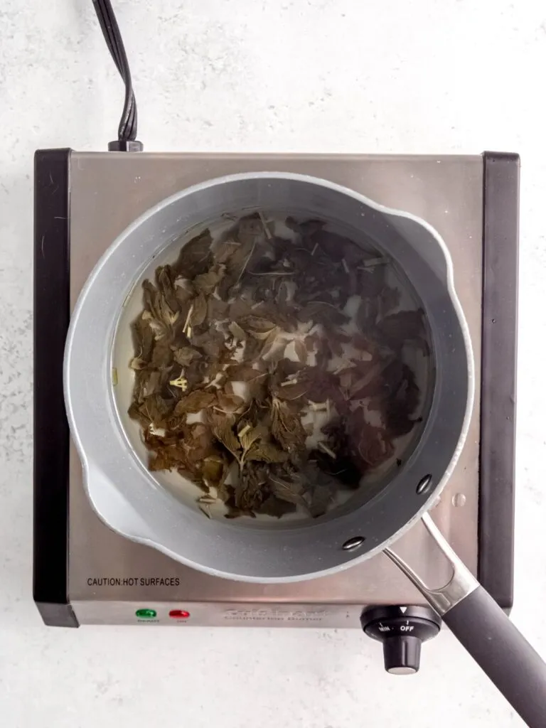 Minzinfundierte Flüssigkeit nach dem Köcheln für das Cool Lime Refresher Grundrezept.