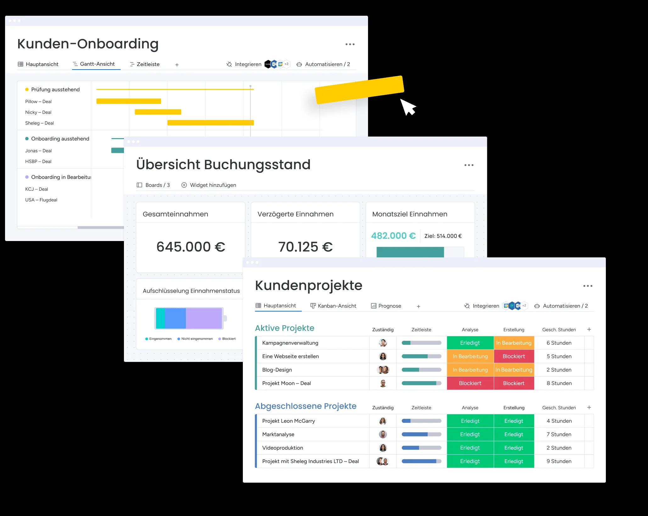 Mitarbeiter arbeiten an der CRM-Plattform, die verschiedene Dashboards anzeigt