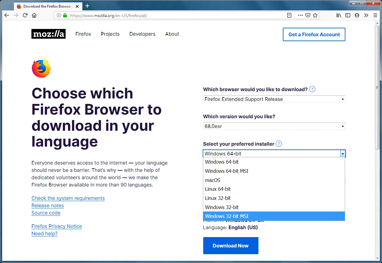 Mozillla Firefox all versions download page
