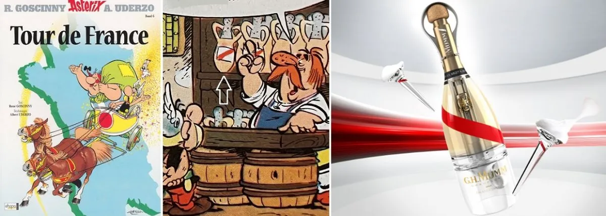 Mumm Champagne Werbung: Eine Flasche im Asterix-Band und eine Weltraumflasche "Grand Cordon Stellar"