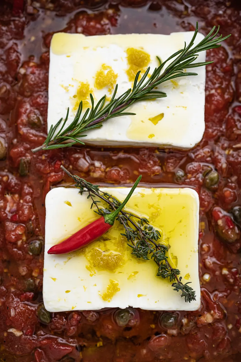 Nahaufnahme der cremigen Feta-Pasta aus dem Ofen, frisch zubereitet