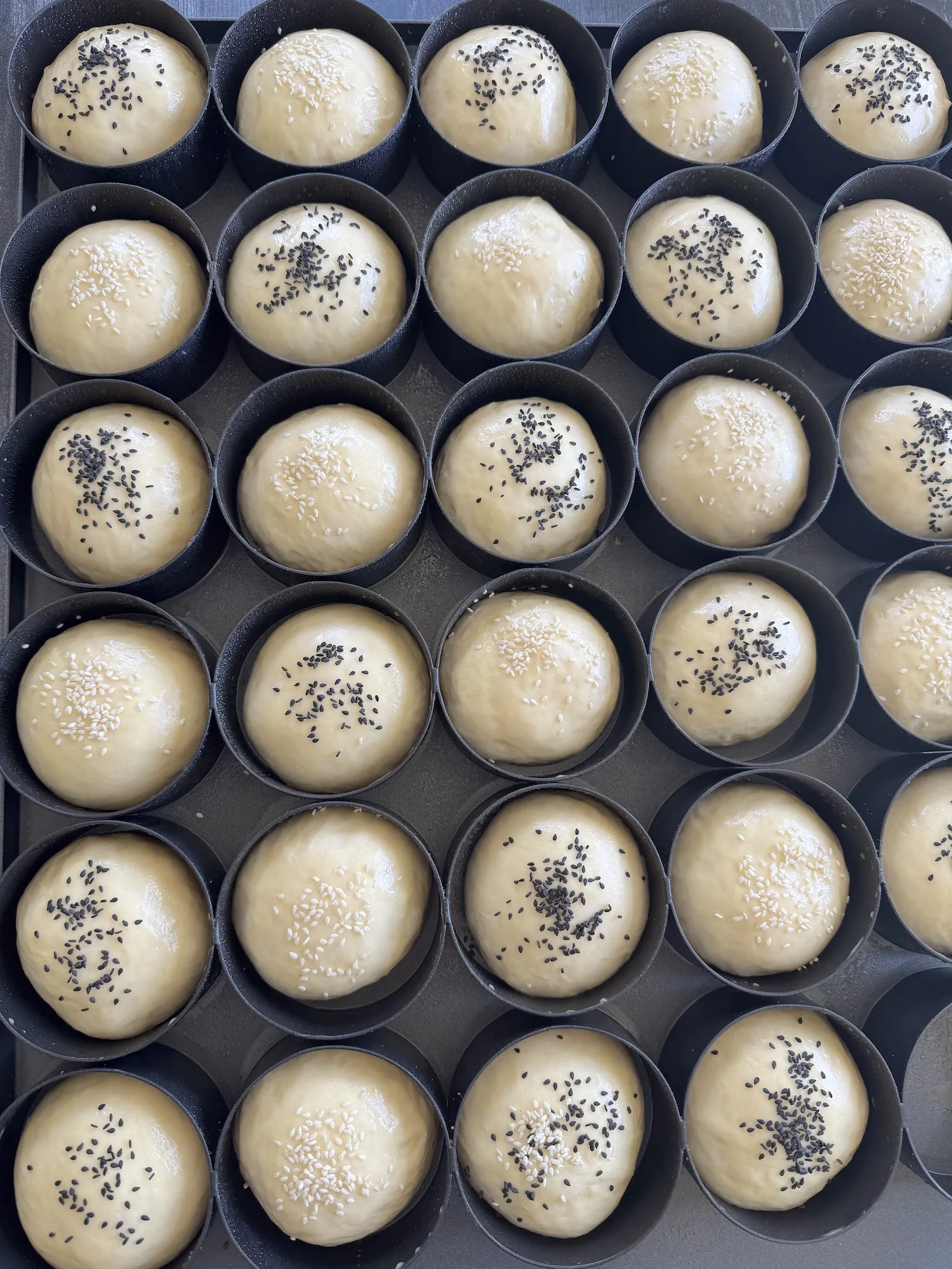 Nahaufnahme der geformten Buns in Backringen vor dem Backen