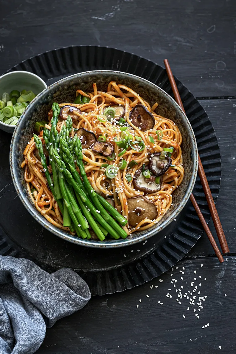 Nahaufnahme der scharfen Sriracha Asia Nudeln mit gehacktem Koriander