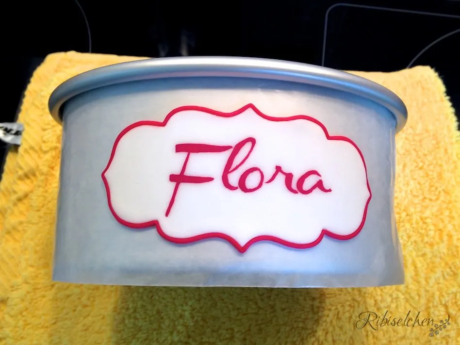 Nahaufnahme des detailreich umrandeten Namensschildes, gefertigt mit einer Sugarcraft Gun für präzise Fondantbänder