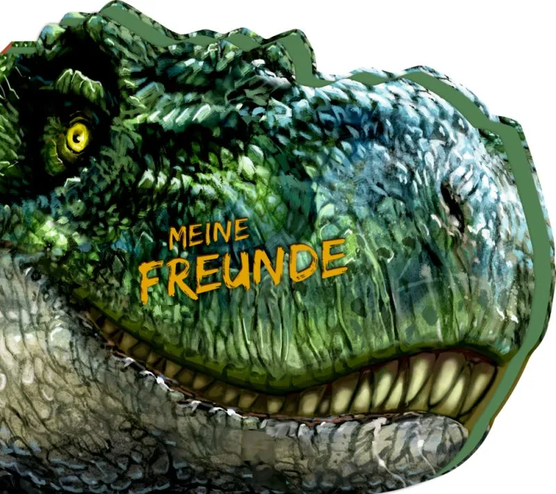 Nahaufnahme des Gesichts eines grünen Dinosauriers mit „MEINE FREUNDE“ in Gelb auf seiner Wange.