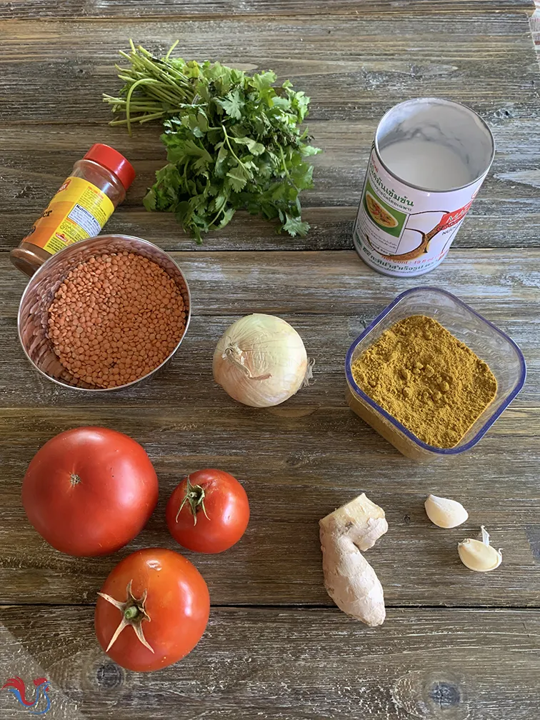 Nahaufnahme eines köstlichen vegetarischen Linsen-Currys mit Tomaten und Kokosmilch, bereit zum Servieren