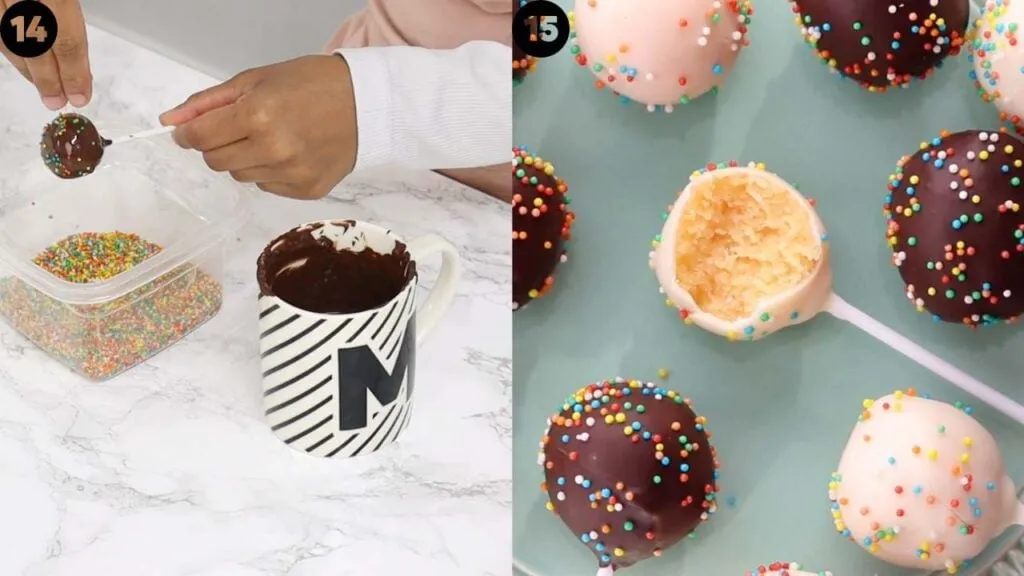 Nahaufnahme mehrerer perfekt geformter und dekorierter Cakepops auf Stielen