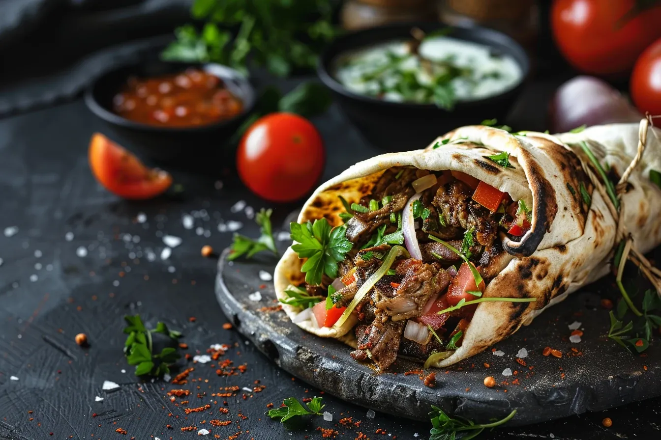 Nahaufnahme von Schawarma, gefüllt mit Fleisch, Gemüse und Soße