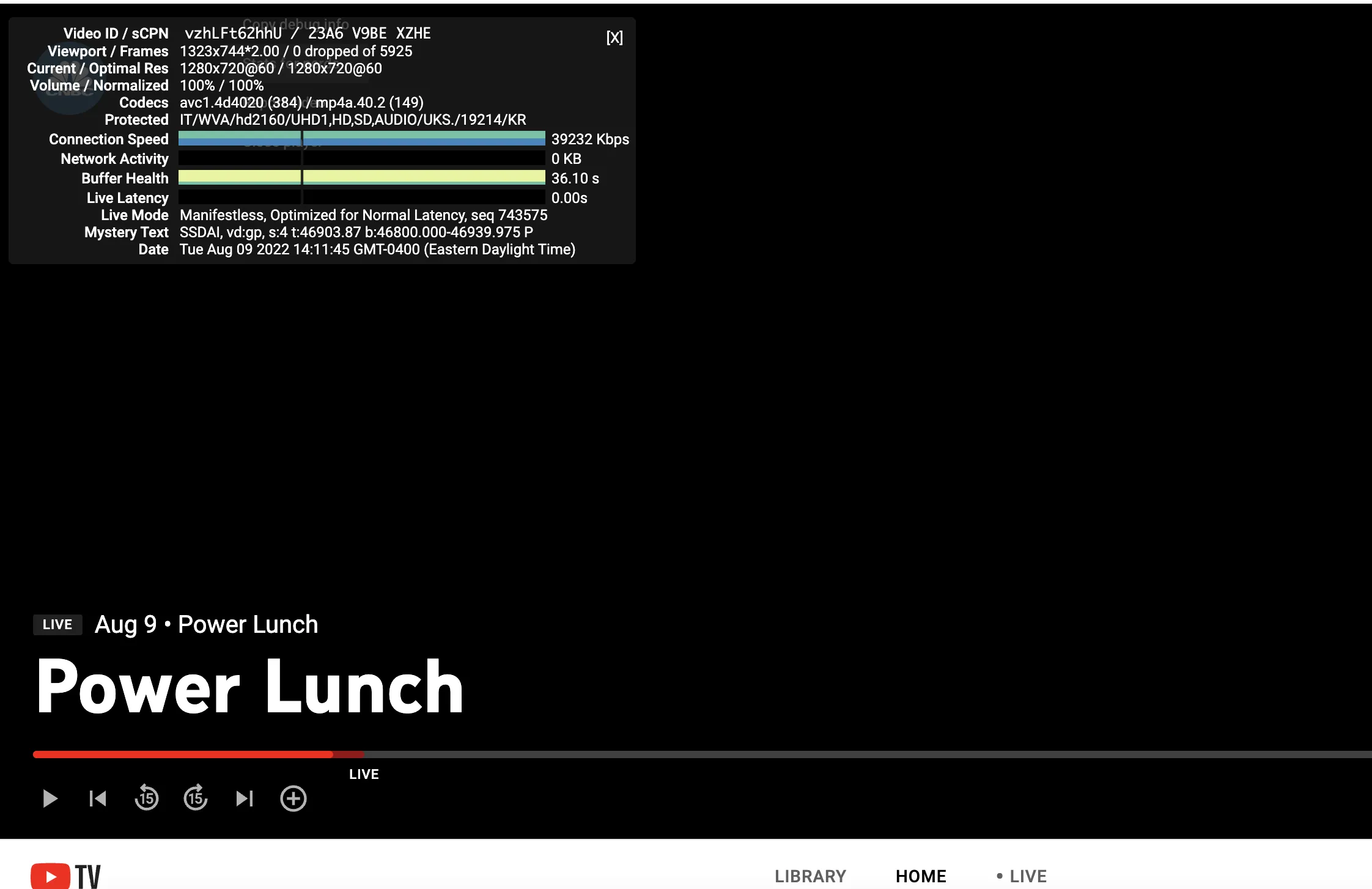 Nerd-Statistiken für YouTube TV in Chrome zeigen 1080p-Qualität und 60fps auf einem Mac