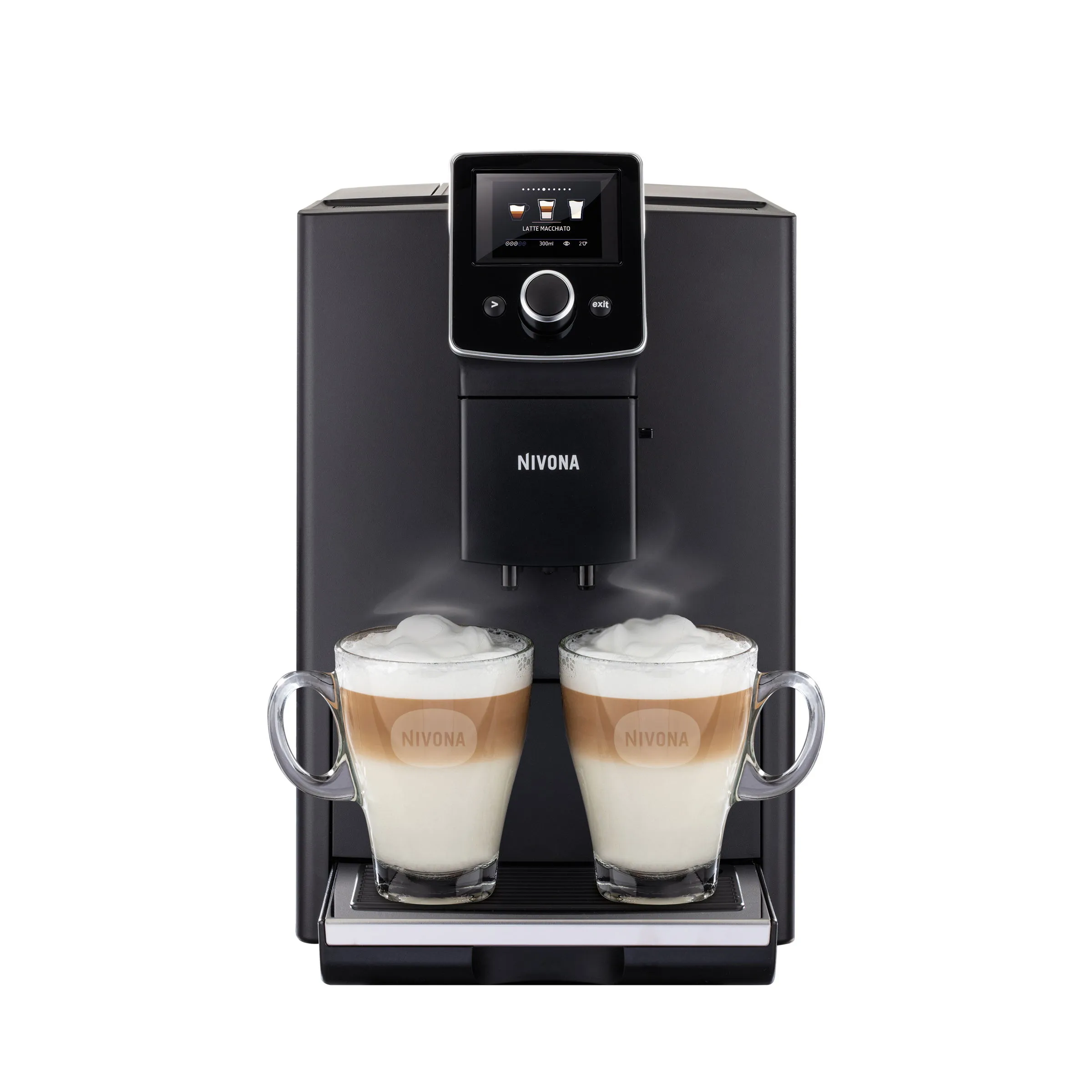 NIVONA NICR 820 Kaffeevollautomat in elegantem Schwarz, der Cappuccino zubereitet.