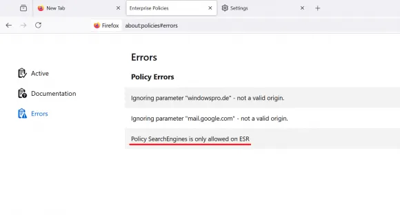 Nur die ESR-Version von Firefox setzt die Richtlinien für die Standardsuchmaschine um.
