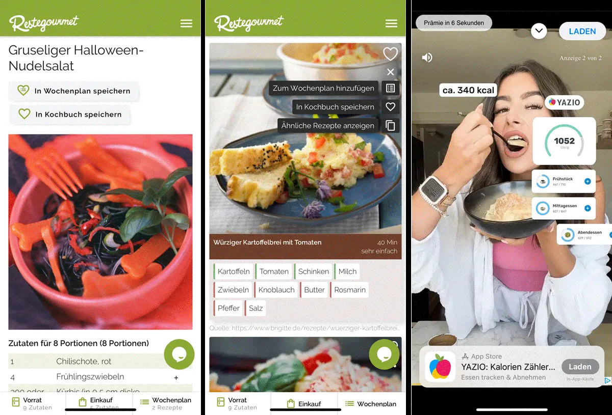 Nutzeroberfläche der Restegourmet App mit Rezeptvorschlägen und Werbeeinblendungen zur Veranschaulichung der kostenlosen Version