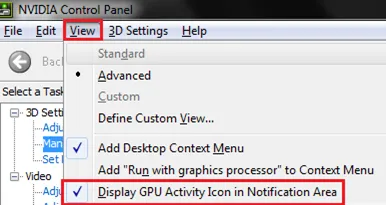 NVIDIA Systemsteuerungseinstellung und das resultierende GPU-Aktivitätssymbol in der Taskleiste zur Überprüfung der GPU-Nutzung