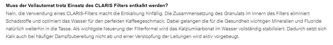 Offizielle Angabe von Jura zum Wasserfilter, die suggeriert, eine Entkalkung sei nicht mehr nötig