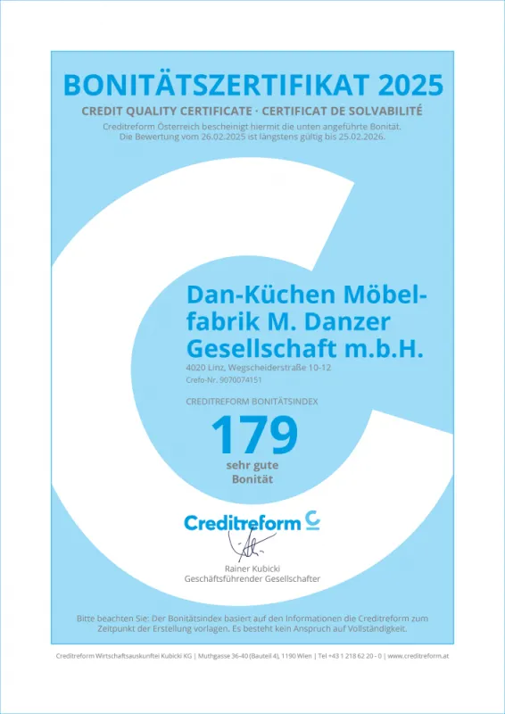 Offizielles Bonitätszertifikat 2025 für DANKÜCHEN, das die finanzielle Stabilität und Verlässlichkeit des Unternehmens bestätigt.