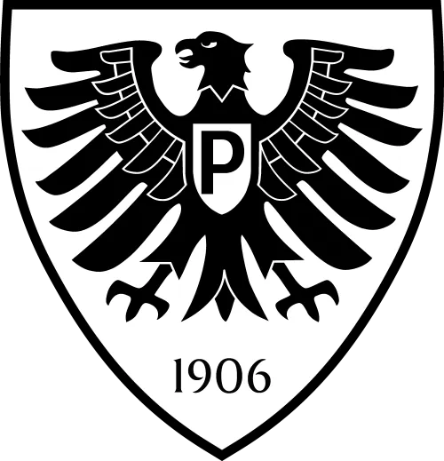 Offizielles Logo des SC Preußen Münster, ein schwarzer Adler auf weißem Grund mit Schriftzug