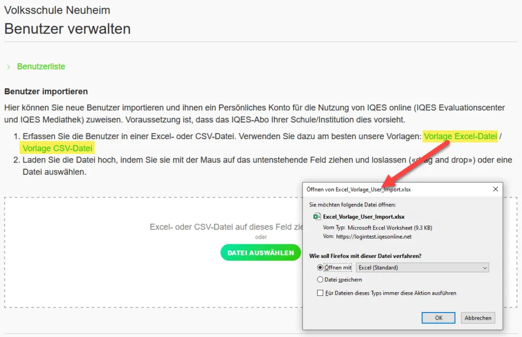 Option zum Download einer Excel- oder CSV-Vorlage für den Massenimport von Benutzern in die IQES Benutzerverwaltung.