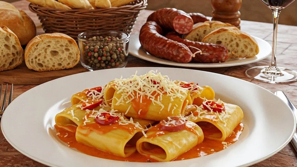 Paccheri alla Lupara mit einer pikanten Soße und geriebenem Pecorino-Käse.