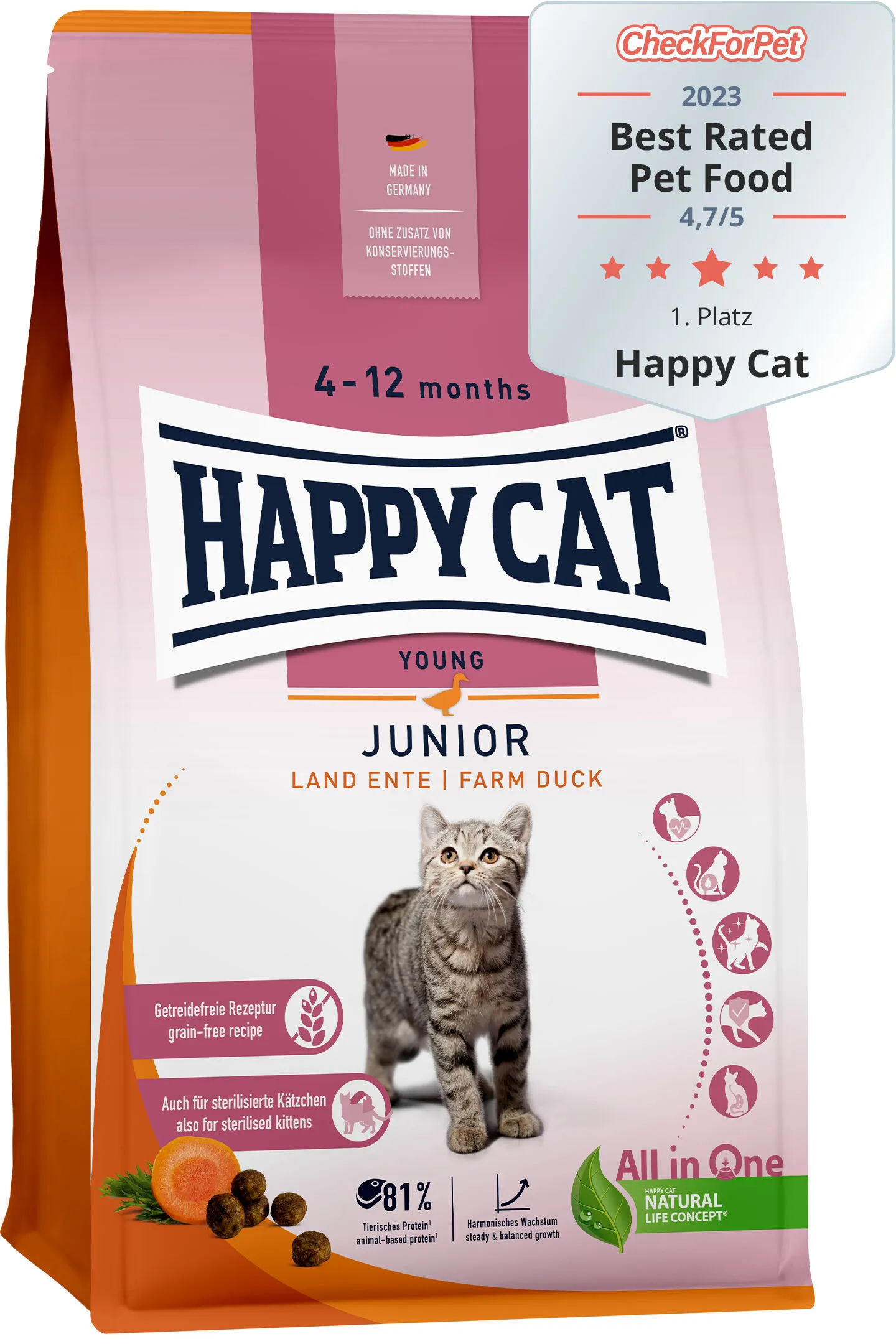 Packung Happy Cat Junior Katzenfutter mit Entengeschmack, mit den Aufschriften "Made in Germany", "Getreidefreie Rezeptur", "Best Rated Pet Food 2023, 1. Platz"