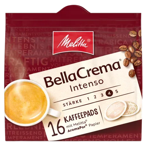 Packung Melitta BellaCrema Intenso Kaffeepads für kräftigen Genuss