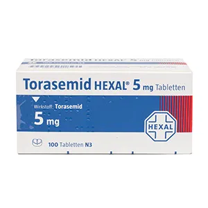 Packungsansicht von Torasemid HEXAL 5mg, ein Schleifendiuretikum zur Entwässerung.
