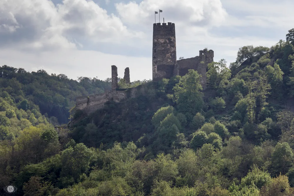 Panoramablick auf die romantische Ruine Burg Fürstenberg, von der Rheinseite gesehen