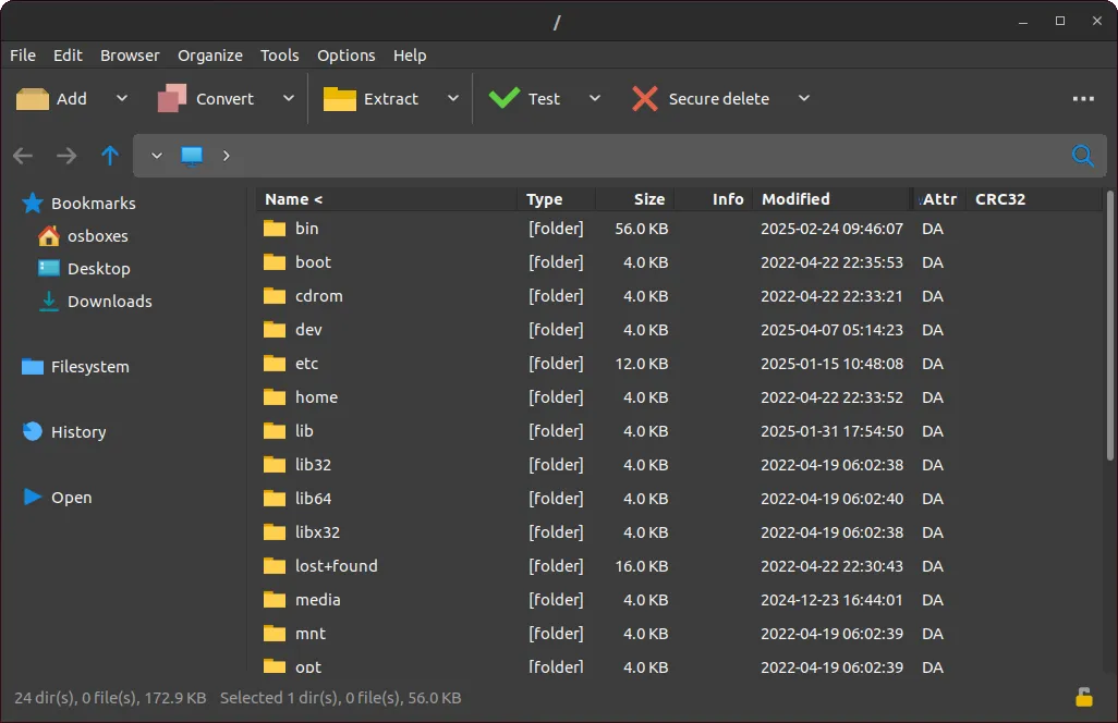 PeaZip auf Linux im Dark Mode als Open Source WinRAR Alternative