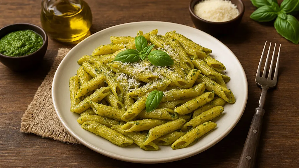 Penne al Pesto alla Genovese, reichlich bedeckt mit grünem Pesto und Parmesan.