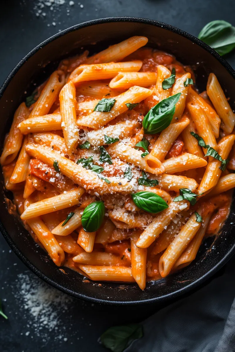 Penne alla Vodka mit Parmesan und Basilikum