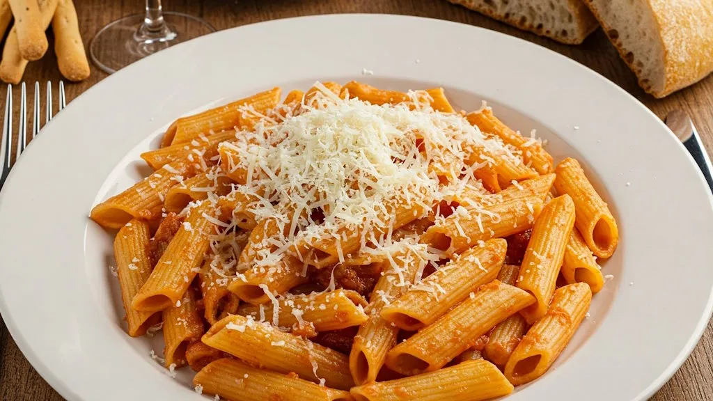 Pennette alla Amatriciana, reichlich bestreut mit Pecorino-Käse.