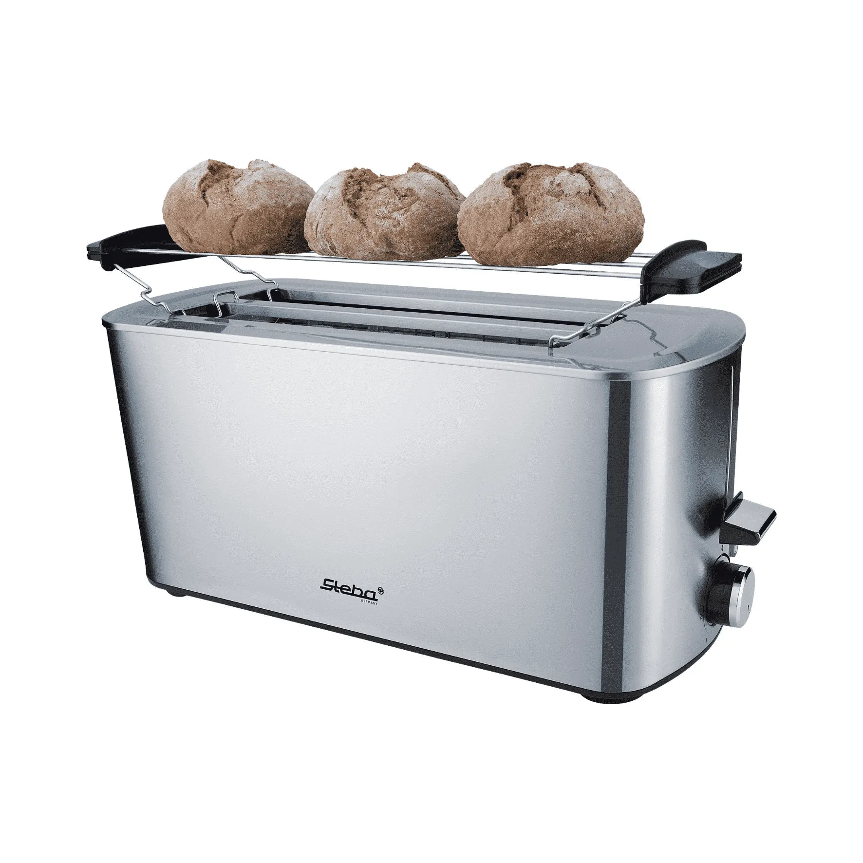 Perfekt gebräunte Toastscheiben und Brötchen auf dem Brötchenaufsatz eines Doppel-Langschlitztoasters