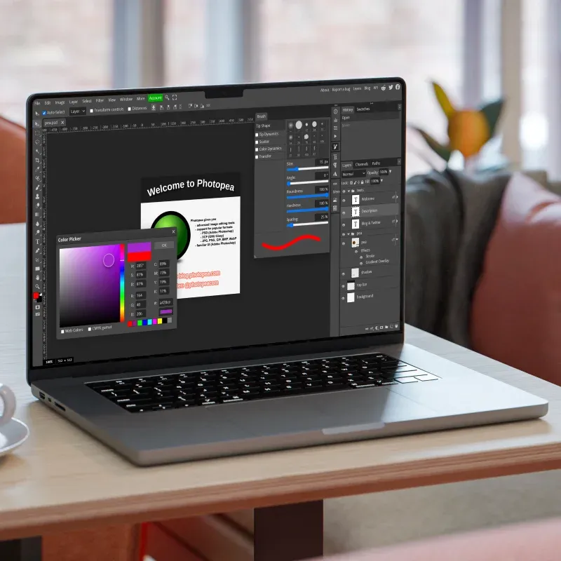 Person, die am Laptop Bildbearbeitung online mit Photopea durchführt.