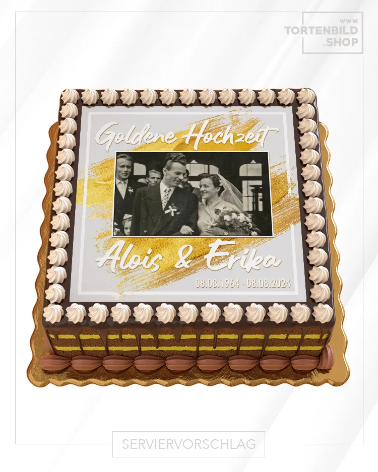 Personalisiertes Fotoaufleger Hochzeit für eine goldene Hochzeitstorte mit Brautpaar-Motiv.