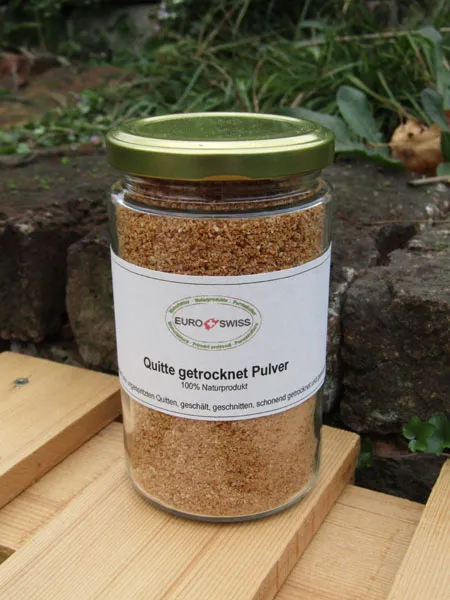 Pflanzliches Bindemittel aus Quittenpulver, eine vielseitige Zutat neben unserem erfrischenden Quittensaft.