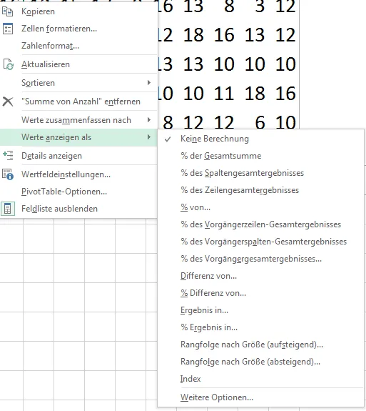 Pivot-Tabelle Werte zusammenfassen anzeigen als