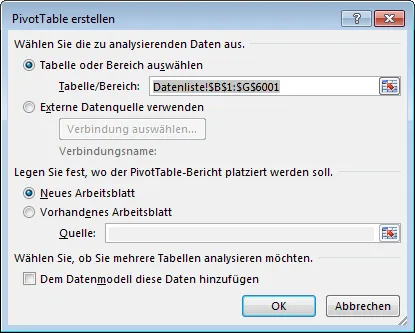 PivotTable erstellen Dialog