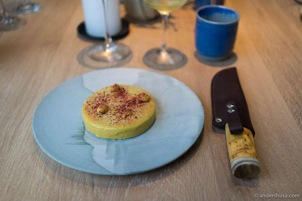 Planktonkuchen. Biskuit mit Johannisbeerholzöl, Planktoncreme und gefriergetrockneten Beeren