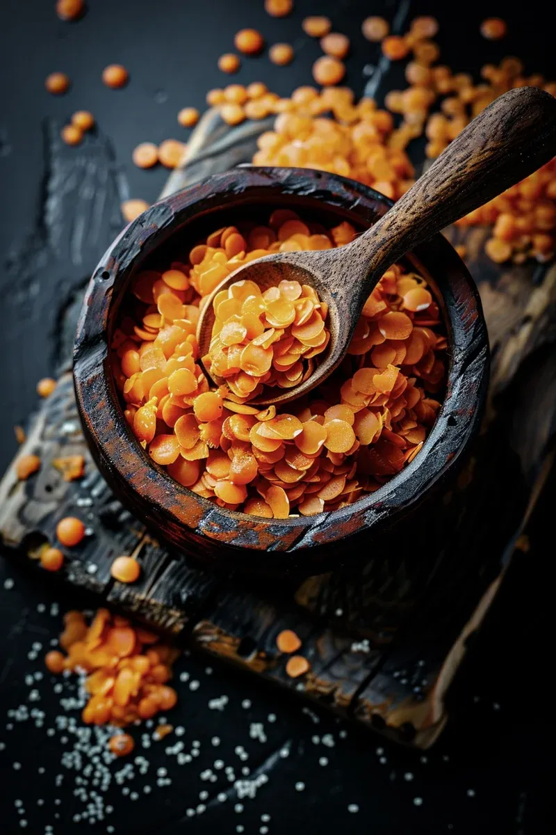 Portion Rote Linsen Dal mit Reis und frischem Koriander