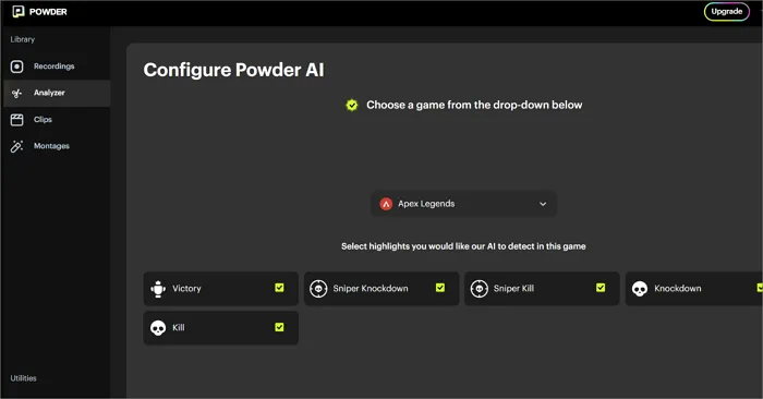 Powder AI Benutzeroberfläche zur automatischen Erkennung und Erstellung von Gaming-Highlights