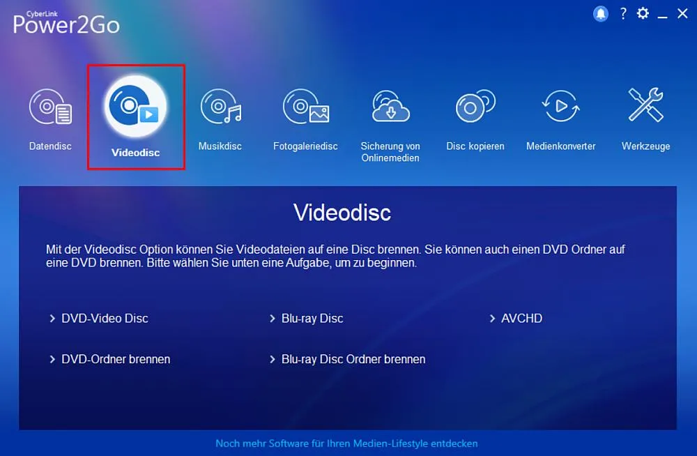 Power2Go Benutzeroberfläche: Video-Disc auswählen
