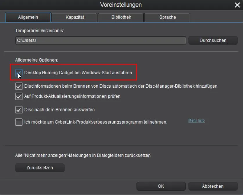 Power2Go - Brenngadget bei Windows-Start aktivieren