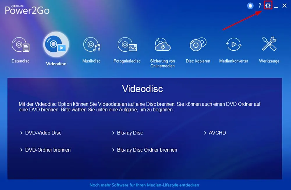 Power2Go - Brenngadget über Einstellungen öffnen