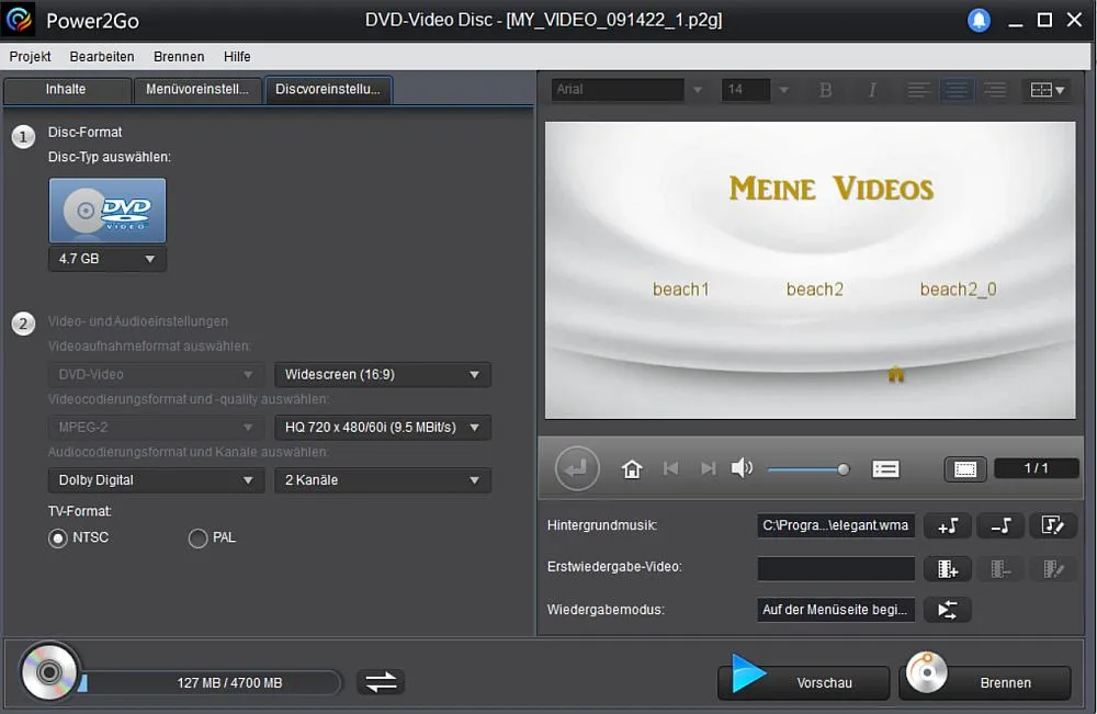Power2Go - Video-Disc Brennvorgang starten