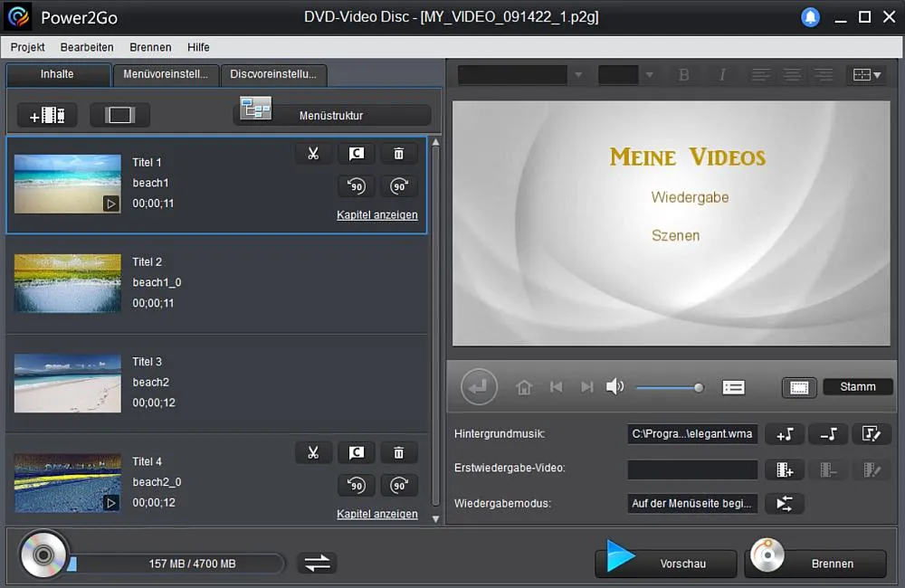 Power2Go - Videodisc-Einstellungen anpassen