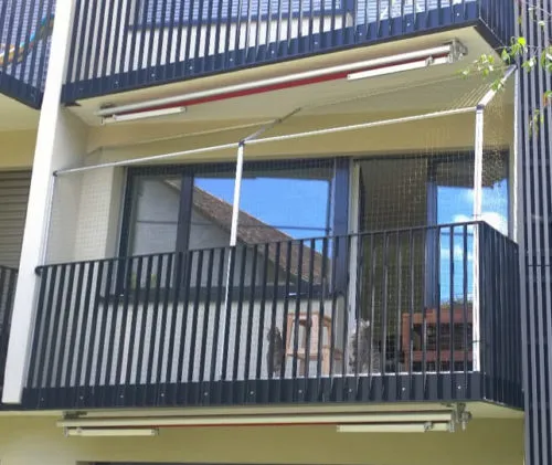Professionelle Montage eines transparenten Katzennetzes am Balkon ohne Bohren für sicheren Freigang