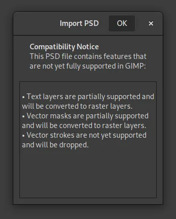 PSD-Kompatibilitätswarnungen in GIMP 2.99.16 beim Import einer PSD-Datei mit nicht unterstützten Funktionen.