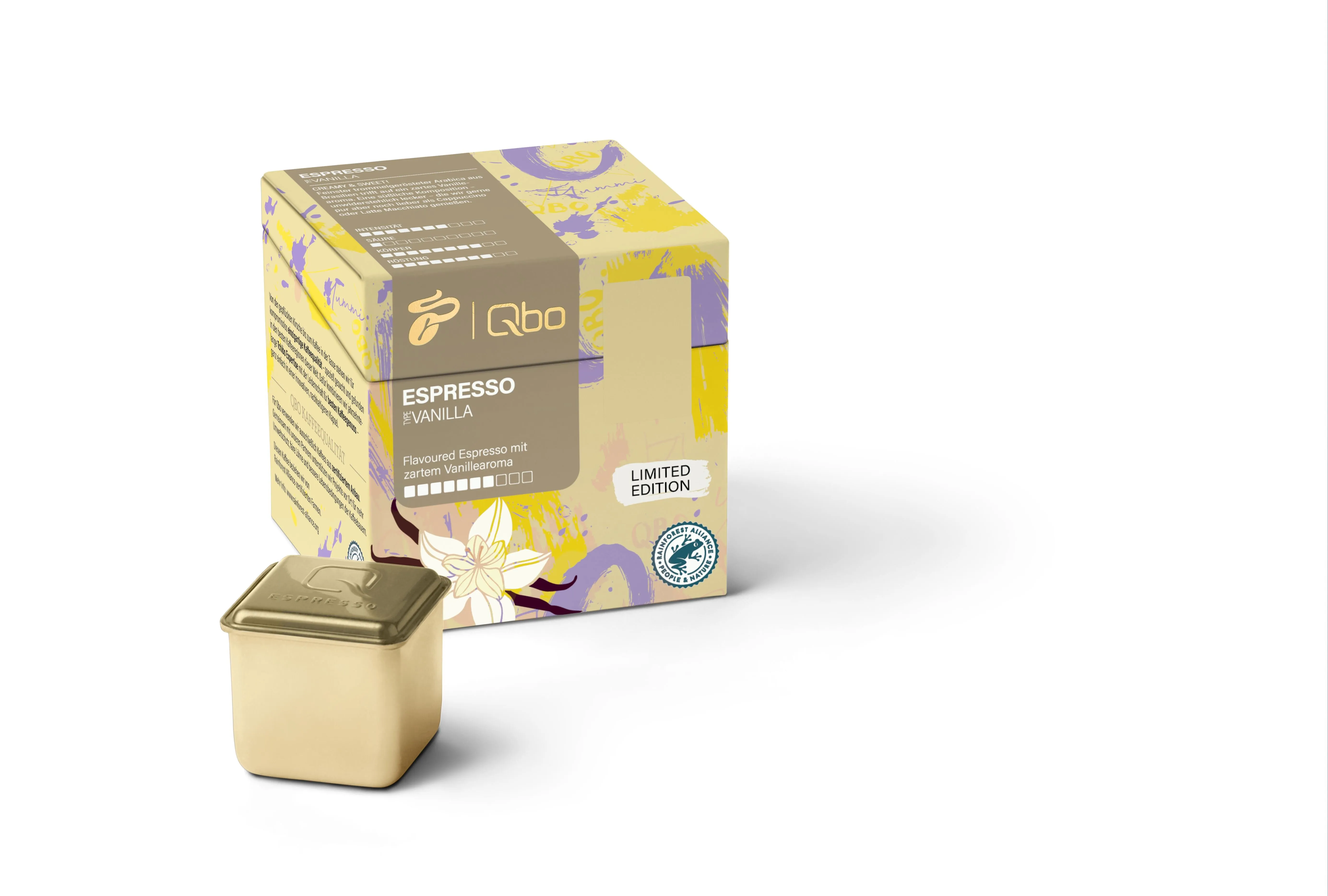 Qbo Flavoured Espresso Vanilla Kapseln mit zartem Vanillearoma, die neue Dimension im Qbo Kaffee System.